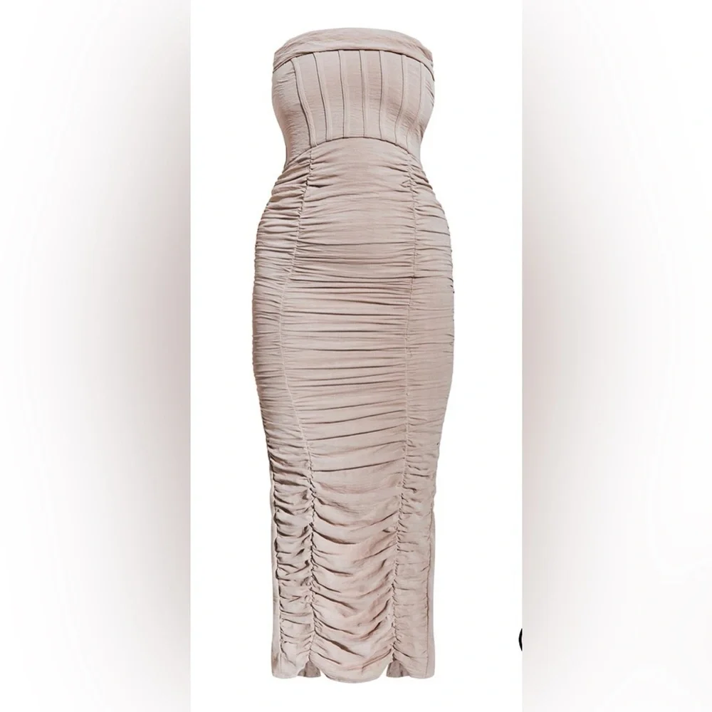 PrettyLittleThing Stone Bandeau Cowl Detail Ruched MIDI Dress Size 0 - Picture 2 of 16